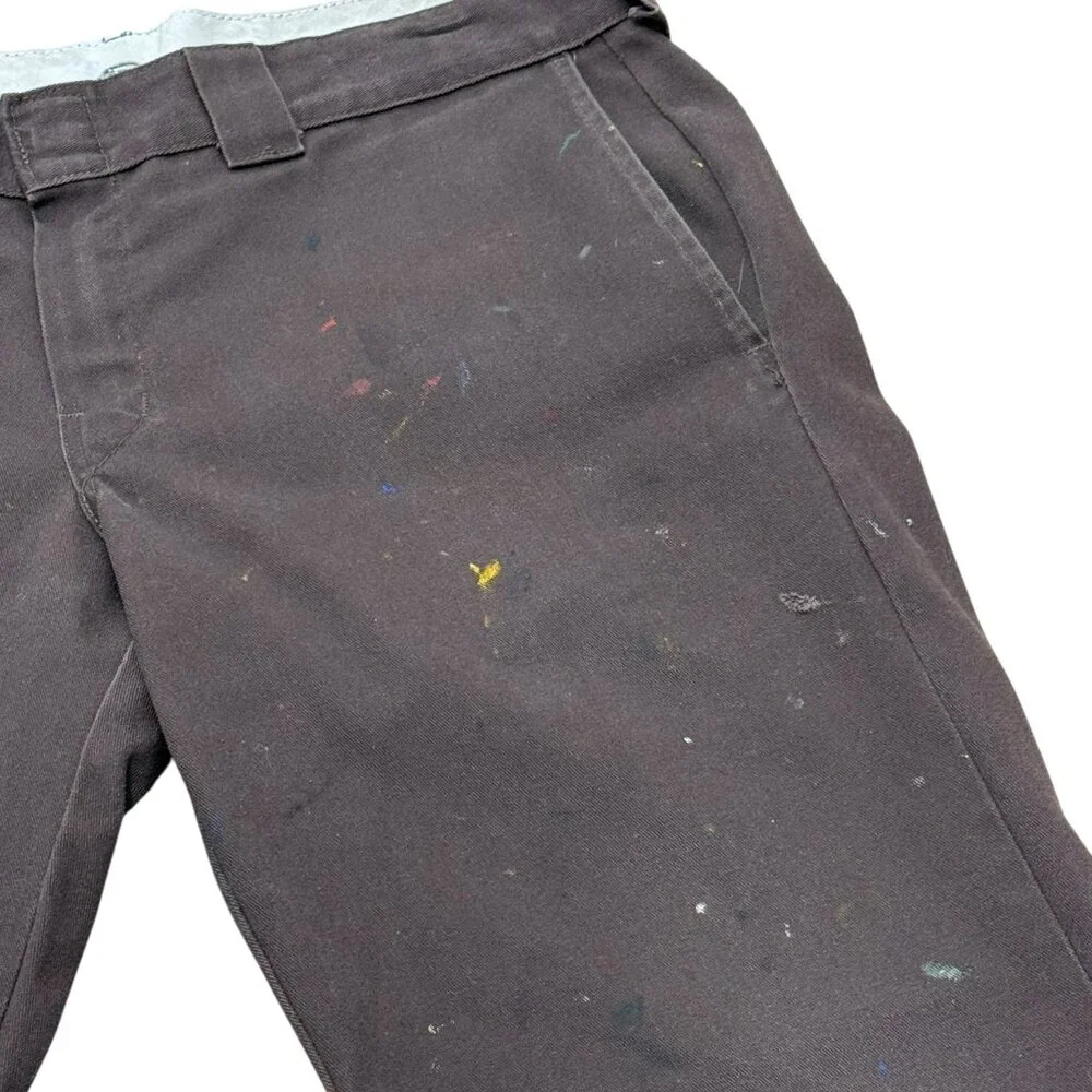 Men’s Dickies Slim Straight Work Pants Brown Distressed Paint Splatter - Picture 11 of 15